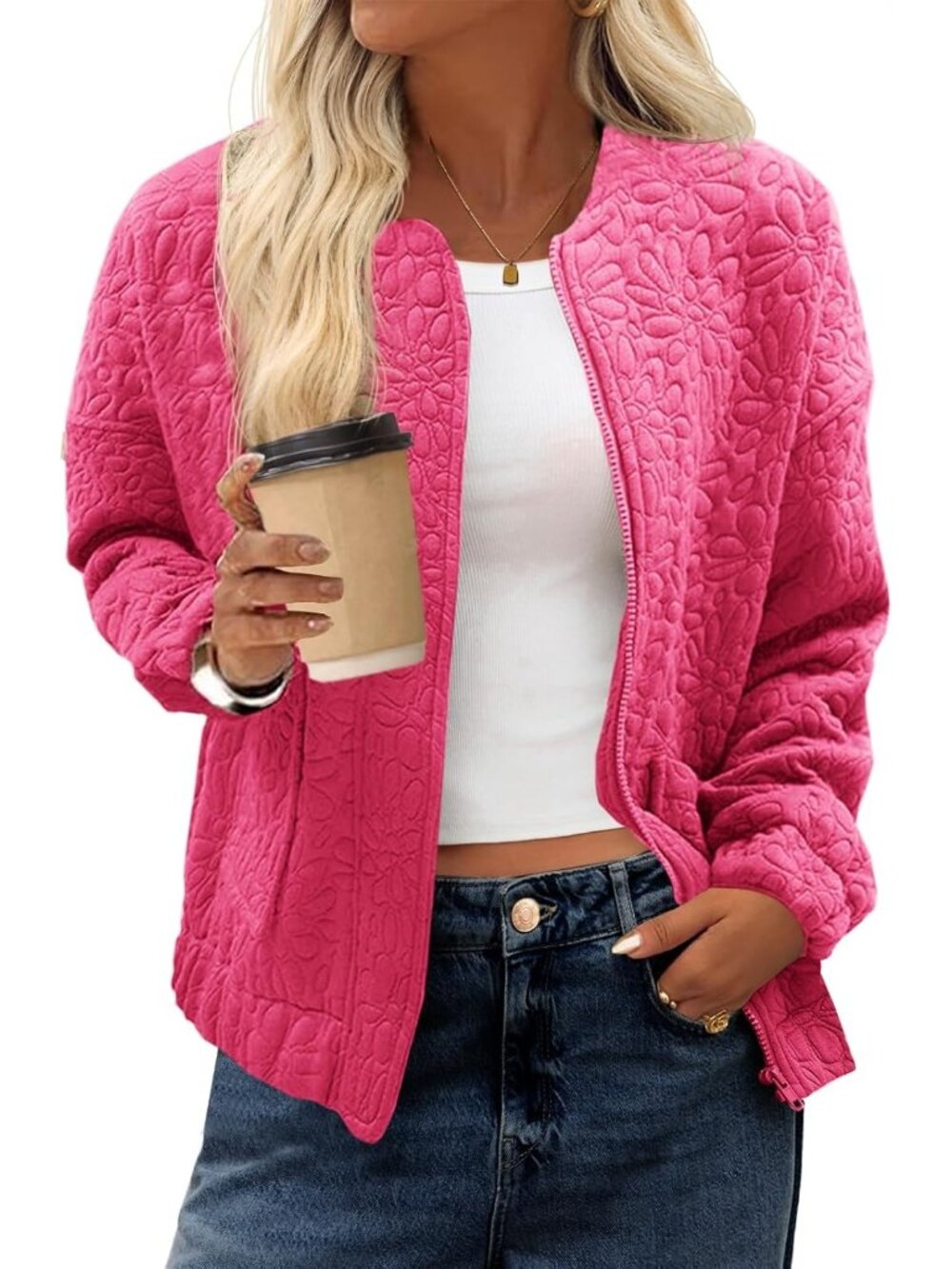 Women's Light Pink Jacquard Bomber Jacket Zip Up Lightweight Casual Fall Coat